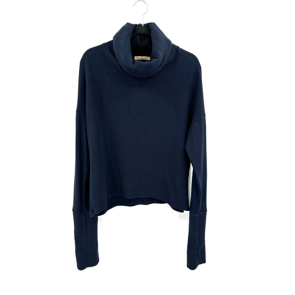 GARBE LUXE Women's Navy Blue Cowl Neck Oversized Cotton Ribbed Sweater Medium